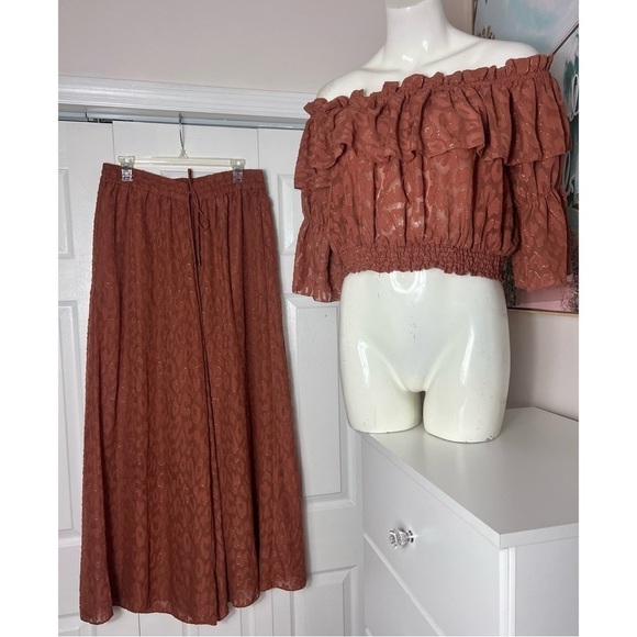 H&M Rust Cheetah Wide Leg Pants & Off Shoulder Bardot Crop Top Set Sz 12 - Picture 9 of 15